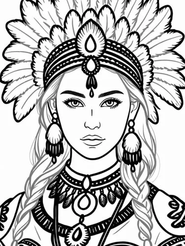 an indian woman with long hair and large feathers,indian headdress,inanna,paiwan,coloring pages,matangi,gandhari,Design Sketch,Design Sketch,Rough Outline