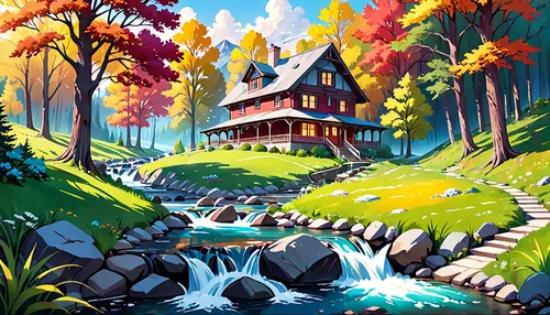 house in the forest,home landscape,summer cottage,fall landscape,cottage,landscape background,house in mountains,water mill,autumn landscape,forest landscape,cartoon video game background,house in the mountains,autumn idyll,forest background,fantasy landscape,fairy village,autumn background,nature landscape,mountain stream,river landscape,Anime,Anime,General