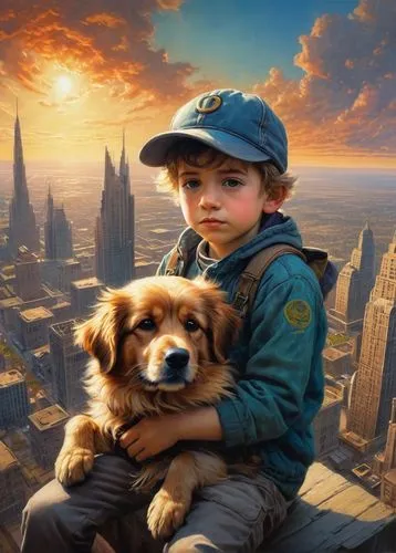 boy and dog,children's background,girl with dog,futuro,companion dog,welin,Illustration,Realistic Fantasy,Realistic Fantasy 05