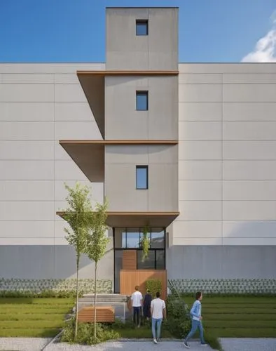 create a good facade with woods, concrete, windows, for a youth hostel, infill building, combined with vines,three people walk past a house in front of a large wall,cubic house,multistorey,modern arch