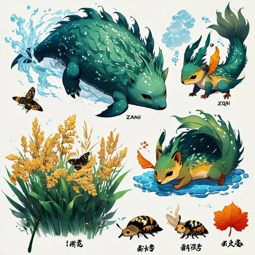 fall animals,aquatic plants,critters,aquatic herb,newts,water-leaf family,small animals,pond plants,tenrecs,axolotls,tropical animals,dragons,venditte,salamanders,forest animals,swamps,fishes,forest dragon,hedgehogs,water creature,Unique,Design,Character Design