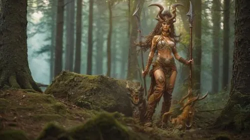 a fantasy scene with a woman with a spear and dogs,dryad,dryads,faerie,fauns,faery,cernunnos