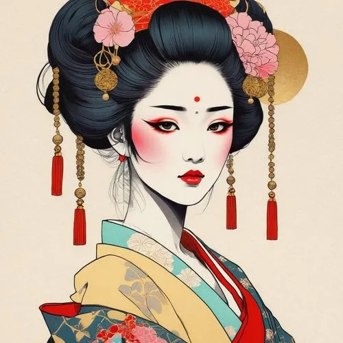 geisha girl,geisha,oriental princess,oriental girl,japanese woman,oriental,japanese art,plum blossoms,hanbok,oriental painting,mukimono,mulan,kimono,traditional,chinese style,peking opera,plum blossom,japanese style,chinese art,japanese doll,Illustration,Paper based,Paper Based 19