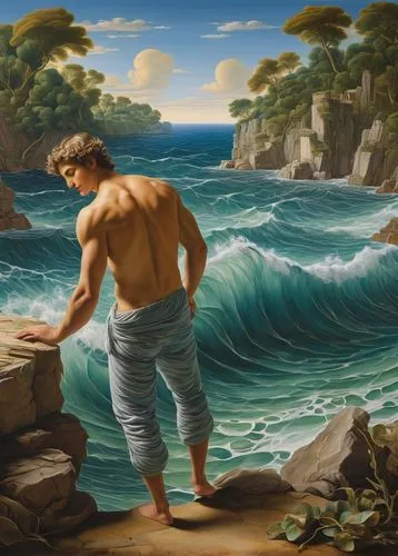 man at the sea,merman,poseidon,mermen,herakles,el mar,odysseus,telemachus,tretchikoff,sea god,nereids,god of the sea,antinous,nature and man,thrasyllus,landscaper,ossian,adonais,giancola,ammerman,Art,Classical Oil Painting,Classical Oil Painting 29