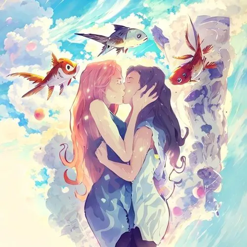 two people in front of water with fish,damanaki,wlw,mermaid background,lwa,ermione,hoenn,Common,Common,Japanese Manga