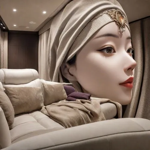 an image of a person behind a curtain,geiko,headscarf,art deco woman,artist's mannequin,mercedes interior,maiko,kunqu,mannequin,amidala,oriental princess,woman in the car,hadid,airplane passenger,conc