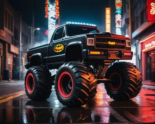 Hot Wheels, Monster Truck, Batman, dark knight, black armor, red eyes, muscular build, massive wheels, rugged tires, aggressive stance, dynamic movement, city street, nighttime, neon lights reflection