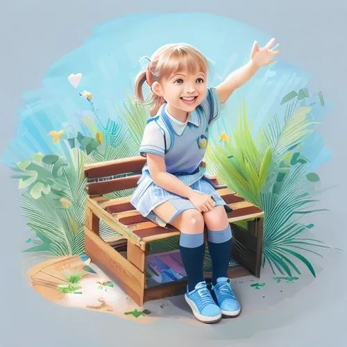 happy cute little girl in school uniform, sitting on park bench, looking up smiling, waving with raised hand.,children's background,kids illustration,portrait background,child portrait,child in park,p