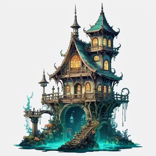 fairy tale castle,house of the sea,witch's house,ghost castle,gold castle,floating island,Illustration,Abstract Fantasy,Abstract Fantasy 11