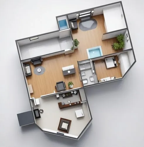 plan of two apartments. On the left above there are the stairs and an elevator. Each apartment has a bedroom, a bathroom, a kitchen, and a living room.,a plan is shown for a living room and kitchen,fl