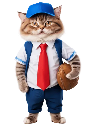 Cute cat, pitchers costume, white shirt with blue sleeves, red tie, baseball cap, holding pitcher, standing pose, realistic fur texture, soft lighting, shallow depth of field, warm color tone, 3/4 com