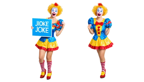 Funny joke character, cartoon style, laughing expression, bright blue eyes, messy blond hair, red nose, yellow teeth, colorful clown costume, oversized shoes, holding a "Joke of the Day" sign, standin