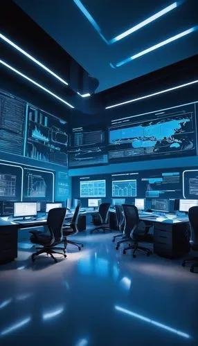 Modern data analytics center, futuristic interior design, sleek lines, minimalist aesthetic, rows of computer terminals, futuristic holographic displays, ergonomic chairs, busy analysts wearing glasse