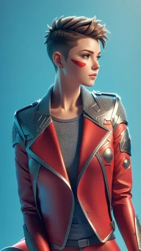 complete head, model face woman, brunette mohawk hair haircut and shave sides,a very cute looking woman wearing a red jacket,holtzmann,tracer,scorpia,undercut,pompadour,jacket,Unique,3D,3D Character