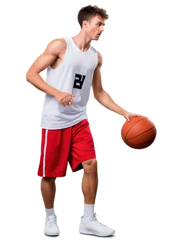 Tall male athlete, muscular physique, dynamic posture, sweaty skin, messy short hair, serious facial expression, bright white jersey, red shorts, high-top sneakers, basketball in hand, dribbling actio