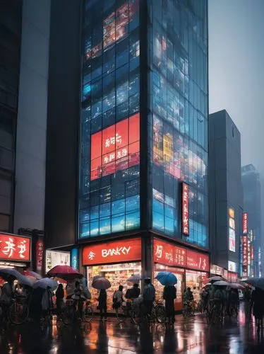 Modern Osaka skyscraper, sleek lines, glass facade, reflective windows, steel frame, angular roof, urban cityscape, nighttime scene, neon lights, busy streets, crowded sidewalks, Japanese lanterns, ve