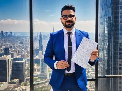 Michael Costello, male architect, 40s, glasses, short black hair, stubble beard, white shirt, dark blue suit, tie, holding blueprints, standing, modern skyscraper, cityscape, sunny day, clear sky, urb