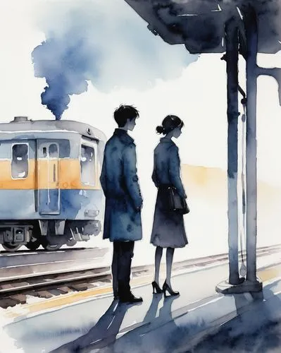 the girl at the station,trainspotters,watercolor,commuters,watercolor sketch,watercolor painting,last train,watercolour,watercolor blue,watercolour paint,early train,nodame,watercolourist,vettriano,kawakami,yellow line,shinran,train,crossing,watercolors,Illustration,Paper based,Paper Based 07