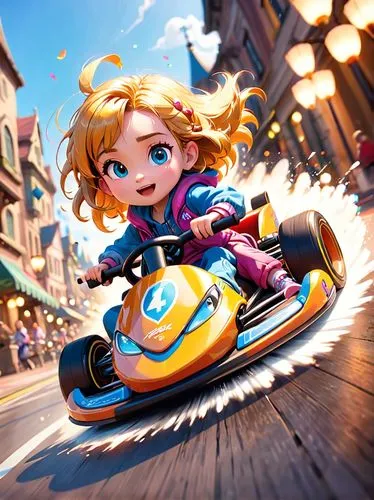 streetluge,scooter riding,racing road,kart racing,go kart,flying girl,vector girl,go-kart,joyrider,crash cart,little girl in wind,roller sport,scooter,racer,cg artwork,cartoon car,street racing,game illustration,kids illustration,bullet ride,Anime,Anime,Cartoon