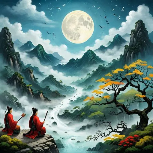 wudang,buddhists monks,chuseok,rinchen,oriental painting,bhikkhunis,wolong,landscape background,tulku,buddha purnima,fantasy picture,mountain scene,taoism,inuyasha,rongfeng,shunju,yuexiu,japanese art,monks,yiping,Illustration,Abstract Fantasy,Abstract Fantasy 19