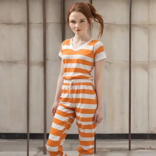 prisoner,stripped leggings,jumpsuit,horizontal stripes,pajamas,pippi longstocking,onesie,detention,prison,liberty cotton,mime,girl in overalls,pjs,handcuffed,one-piece garment,orange,stripes,striped,striped background,raggedy ann