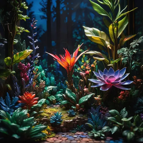 Create a pixelated world of adventure.,fairy forest,tropical bloom,forest floor,fairy world,3d fantasy,tiny world,bromeliaceae,terrarium,fairy village,diorama,tropical jungle,garden of eden,tropical f