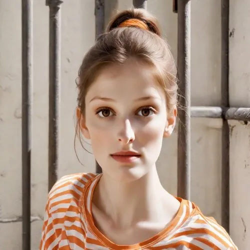 orange color,orange,girl in t-shirt,young woman,bright orange,portrait of a girl,orange half,updo,realdoll,girl portrait,fawn,madeleine,young model istanbul,young-deer,mime,doll's facial features,horizontal stripes,striped background,orange blossom,female model