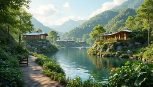 japan landscape,landscape background,river landscape,houseboats,shaoming,world digital painting,wooden bridge,lijiang,idyllic,fishing village,fantasy landscape,floating huts,nature landscape,beautiful japan,beautiful landscape,mountainous landscape,mountain scene,mountain village,japanese mountains,mountain landscape,Photography,General,Realistic