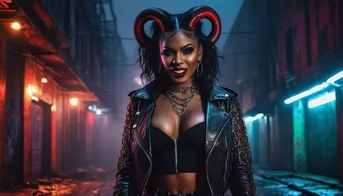 Dark-skinned demon woman, horns, red eyes, sharp teeth, messy black hair, bold makeup, red lips, seductive smile, black leather jacket, ripped fishnet stockings, high heels, chains, tattoos, city nigh