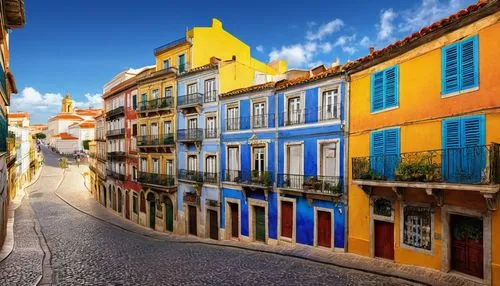 Historic Portuguese architecture, Manueline style, ornate stone carvings, grandiose facades, intricate balconies, azulejo tiles, colorful ceramic decorations, narrow cobblestone streets, Fado music pl