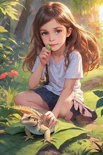 Una niña de 5 años, jugando con un dragón barbudo , estilo juvenil y divertido , anime cartoon,girl picking flowers,girl in the garden,girl and boy outdoor,kids illustration,digital painting,children'