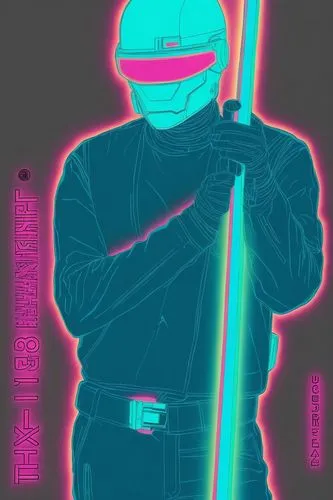 Color the drawing in post-apocalyptic, cyberpunk, vaporwave style,man with blue helmet and a green neon stick,bangalter,tekmeh,cyberpatrol,popchanka,defend,helmsmen,Photography,Documentary Photography