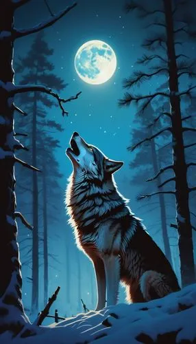 Lunar Chronicles, wolf, majestic, moonlit, full moon, howling, misty forest, eerie atmosphere, glowing eyes, sharp teeth, fluffy fur, snowflakes gently falling, frosty trees, ancient ruins in the back