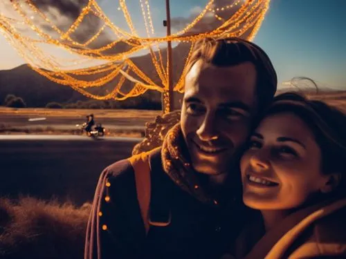 a happy couple on a trip,a man and woman posing for a picture in front of a field with lights,bokeh hearts,loving couple sunrise,background bokeh,sparklers,fireworks rockets,vintage couple silhouette,