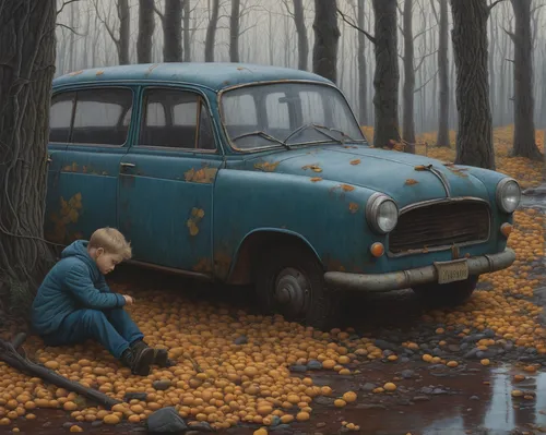 windfall,austin a35,ford anglia,ford prefect,autumn chores,autumn camper,austin a30,car repair,girl and car,oil change,fallen leaves,the old van,to collect chestnuts,autumn motive,renault 4,breakdown van,car breakdown,auto repair,the autumn,digiscrap,Conceptual Art,Daily,Daily 30