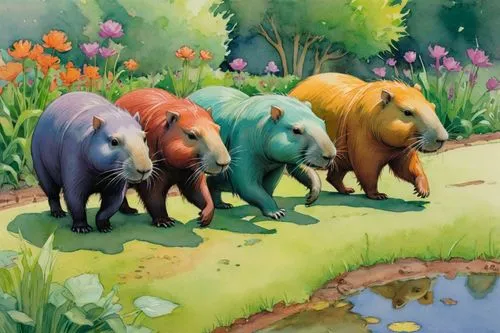 Some different colors capybaras walking at garden,Some different colors capybaras walking at garden,rhinoceroses,rhinos,hippos,hippopotamuses,jumbos,cartoon elephants,Illustration,Paper based,Paper Ba