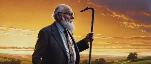 Mr. Capgras, old man, 70s, white beard, glasses, balding, wrinkles, formal wear, suit, tie, walking stick, standing, countryside, rural landscape, rolling hills, sunset, peaceful atmosphere, warm ligh