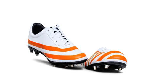 Soccer shoes, white leather, lace-up, shiny metal eyelets, soft padded tongue, bright orange stripes, black outsole, studs on bottom, slightly worn, dynamic pose, 3/4 composition, low-angle shot, dram