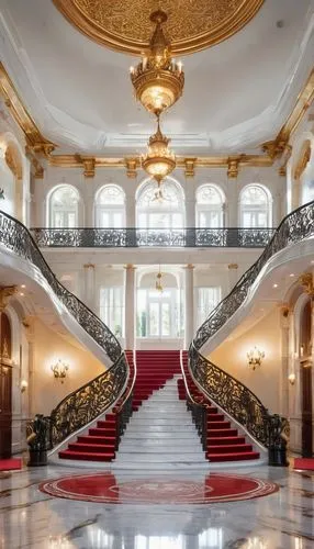 Grand, luxurious staircase, spiral shape, white marble steps, golden handrail, ornate ironwork, red carpet, dimly lit, dramatic shadows, high ceiling, grand hall, Victorian style, symmetrical composit