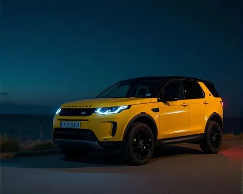 (High Definition HD) 2024 Land Rover freelander SUV 4x4w 3 door car decorated as a yellow low car, parked by the sea at night.,a yellow land rover car is parked near the beach,evoque,vitara,xuv,svr,jl