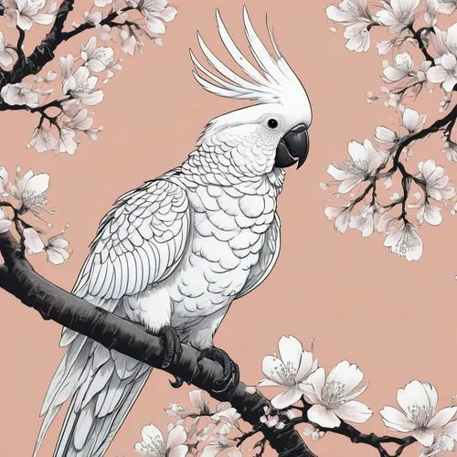 flower and bird illustration,japanese sakura background,spring bird,kagu,takato cherry blossoms,ornamental bird,Illustration,Black and White,Black and White 08