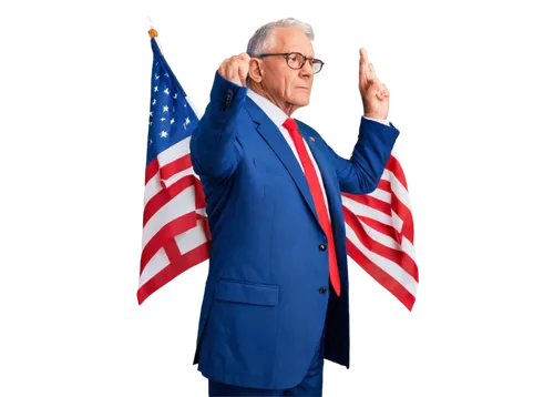 Patriotic old man, serious facial expression, wrinkles, gray hair, glasses, blue suit, white shirt, red tie, hands behind back, standing, American flag in background, warm lighting, shallow depth of f