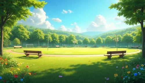 A sunny sports meadow, green grass, vibrant wildflowers, scattered trees, wooden benches, athletic tracks, soccer goals, basketball hoops, tennis courts, blue sky with few white clouds, warm sunlight,