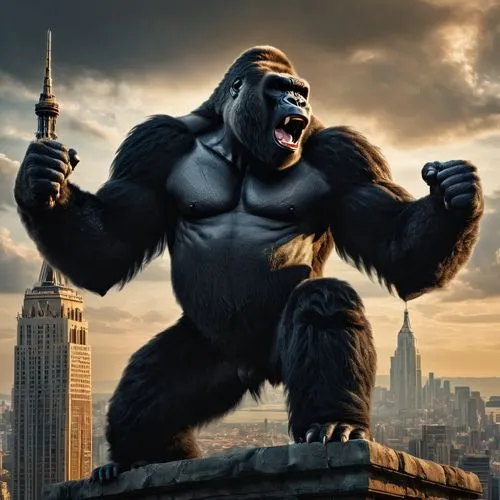 King Kong, silverback gorilla, standing on a tower, roaring, fist raised, digital art,king kong,kong,gorilla,silverback,great apes,ape,gorilla soldier,primate,war monkey,the monkey,chimpanzee,orang ut