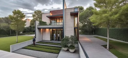 The image depicts a residential building, with a concrete roof and a large windows overlooking a cityscape. In the center of this image, a rescowling green property, with a red street corner, boasts a