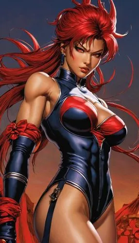 female version of Akuma from Street Fighter, ultradetailed beautiful, 
perfect, exquisite detail, 
Artstation, Masamune Shirow, 
red eye, red gloves, red hair,
leotard, simple look, michael turner, Im