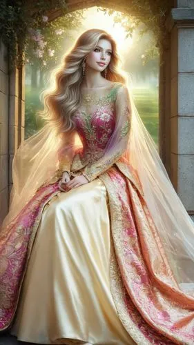 sun bride,noblewoman,anarkali,bridal dress,principessa,fairy tale character,cinderella,galadriel,peignoir,caftan,fantasy picture,rapunzel,ball gown,yellow rose background,bridal gown,fairy queen,celtic queen,belle,habanera,frigga