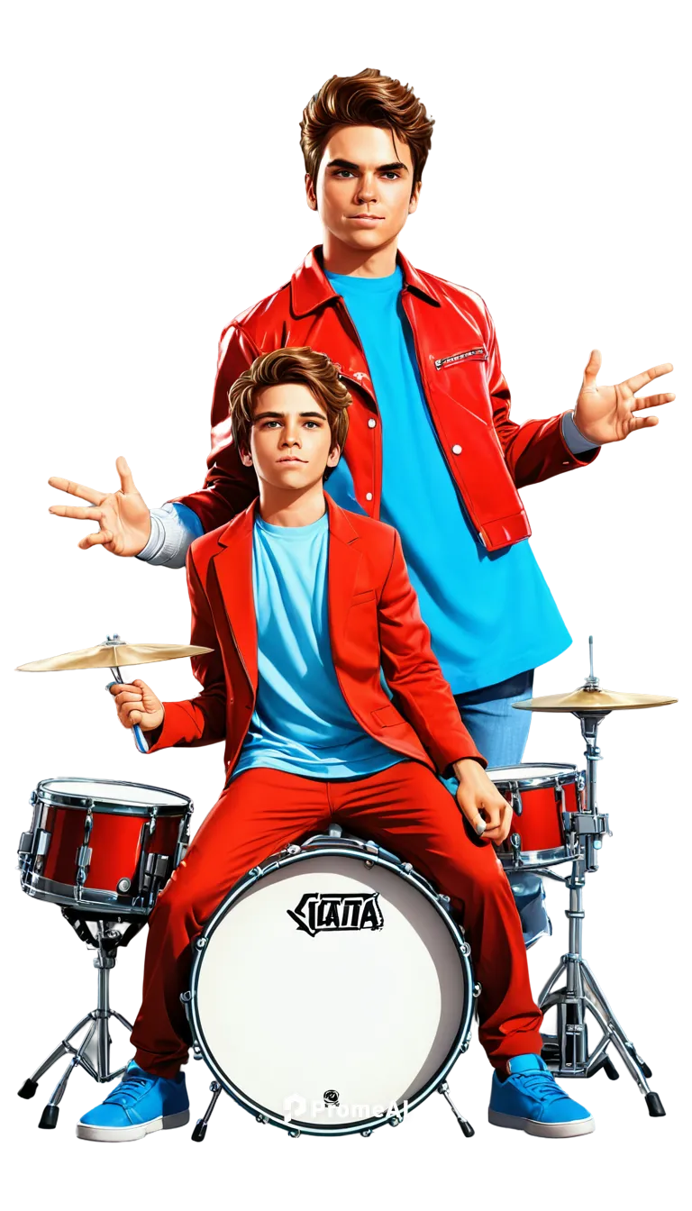 Drummer boy, cartoon style, colorful clothing, dynamic pose, energetic facial expression, messy brown hair, bright blue eyes, white drumsticks, red drum set, shiny metal hardware, bold line art, vibra