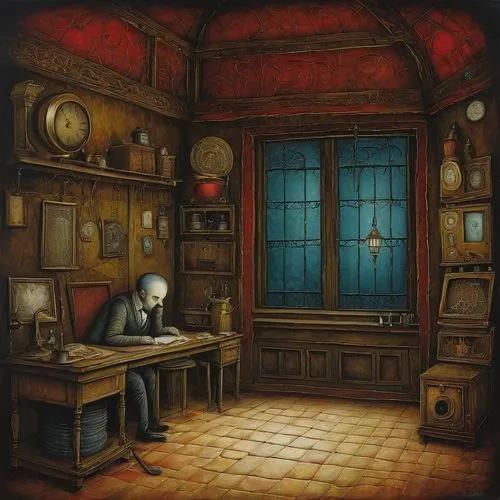 watchmaker,clockmaker,skotnikov,game illustration,mordenkainen,diterlizzi,man with a computer,peregrini,pinocchio,consulting room,schikaneder,malakov,apothecary,doctor's room,schoolroom,mysterium,victorian room,scriptorium,unamuno,bulgakov,Illustration,Abstract Fantasy,Abstract Fantasy 09