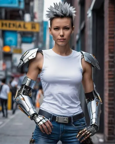 silver,female warrior,cyborg,cosplay image,mercenary,steel,cosplayer,punk,mohawk,strong woman,cosplay,steel man,sprint woman,hard woman,warrior woman,cable,kosmea,metal implants,x-men,armour,Photography,General,Realistic